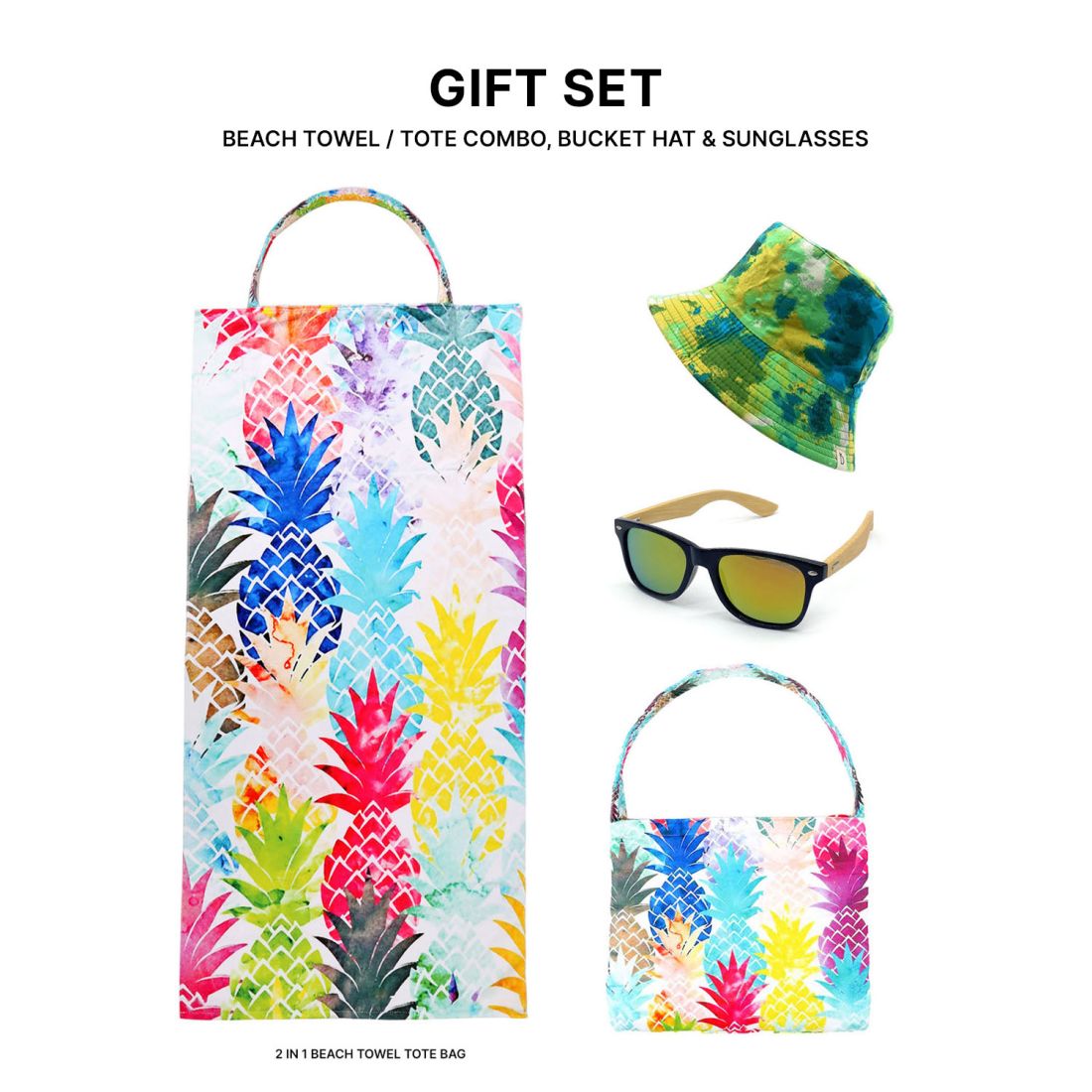 Empire Cove Womens 3 Piece Gift Set Beach Towel Tote Bag Bucket Hat Sunglasses