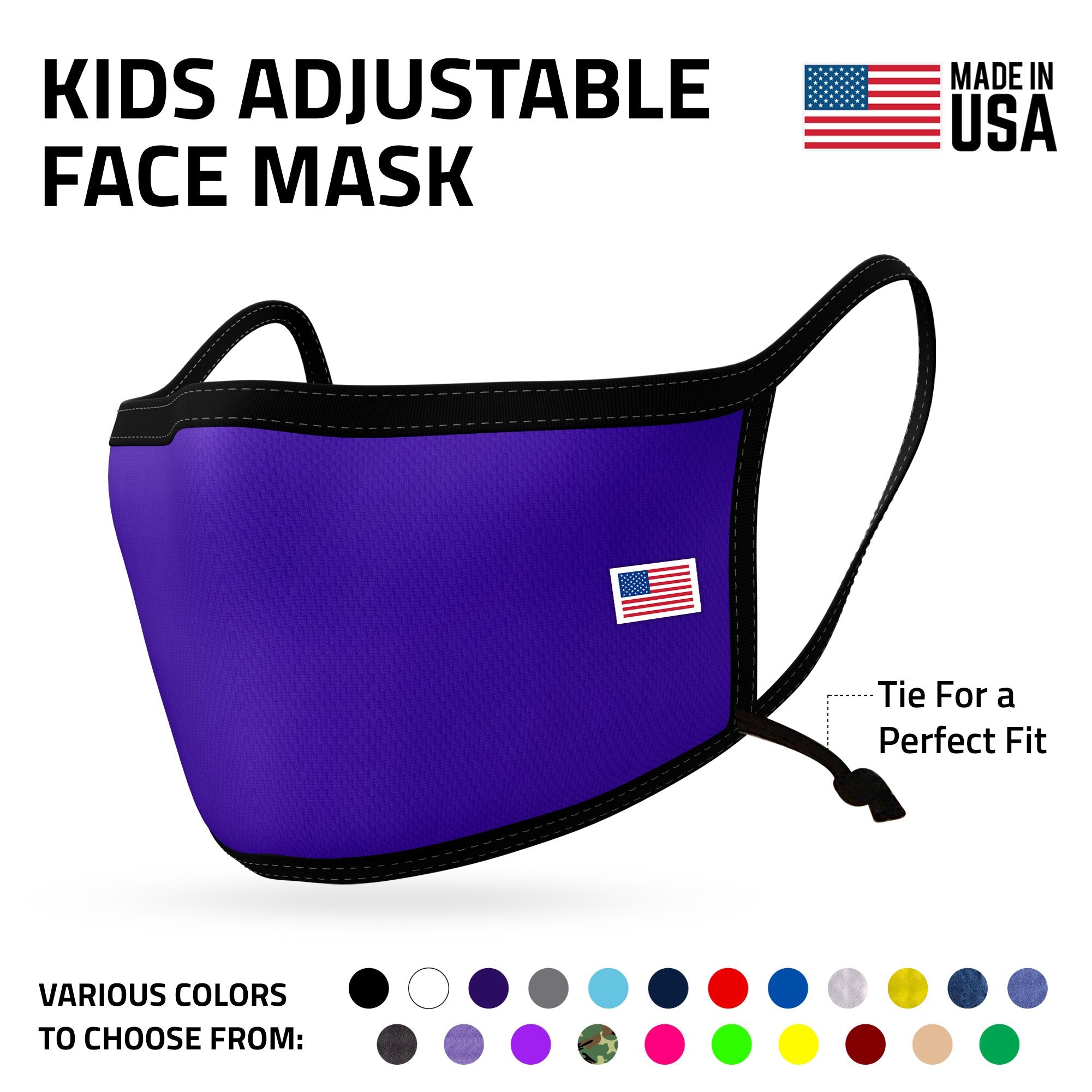 Kids Size Adjustable Face Mask for Children Boys Girls Cloth Double Layer Masks Washable Reusable Made in USA aged 3 to 7