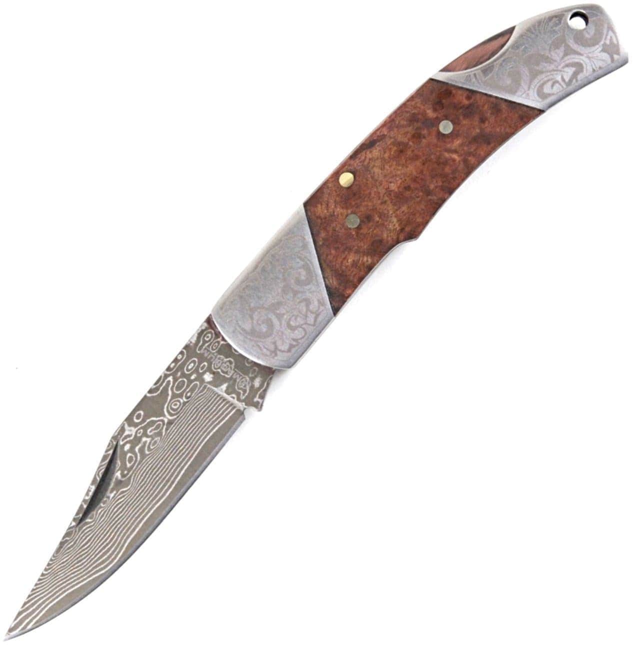 magnum by boker duke damascus knife with burl wood handle