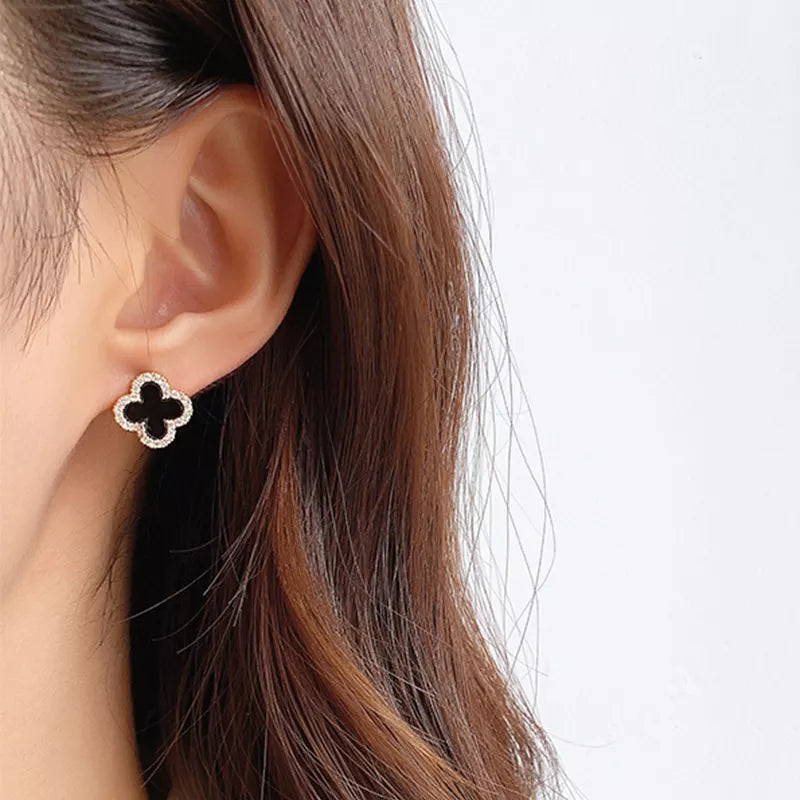 Black Enamel Clover Gold Earrings