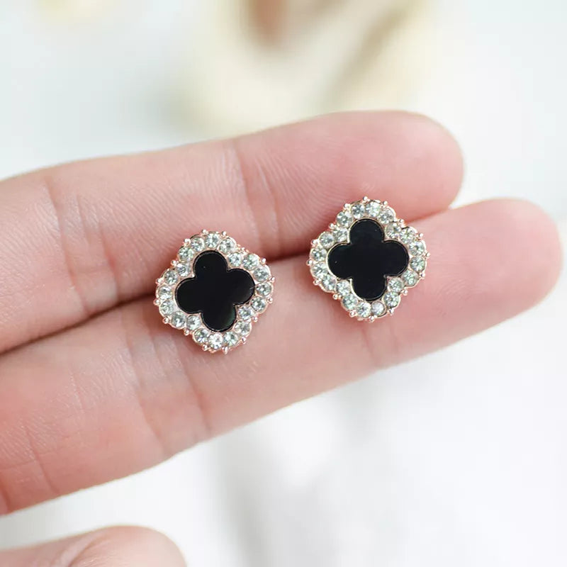 Black Enamel Clover Gold Earrings