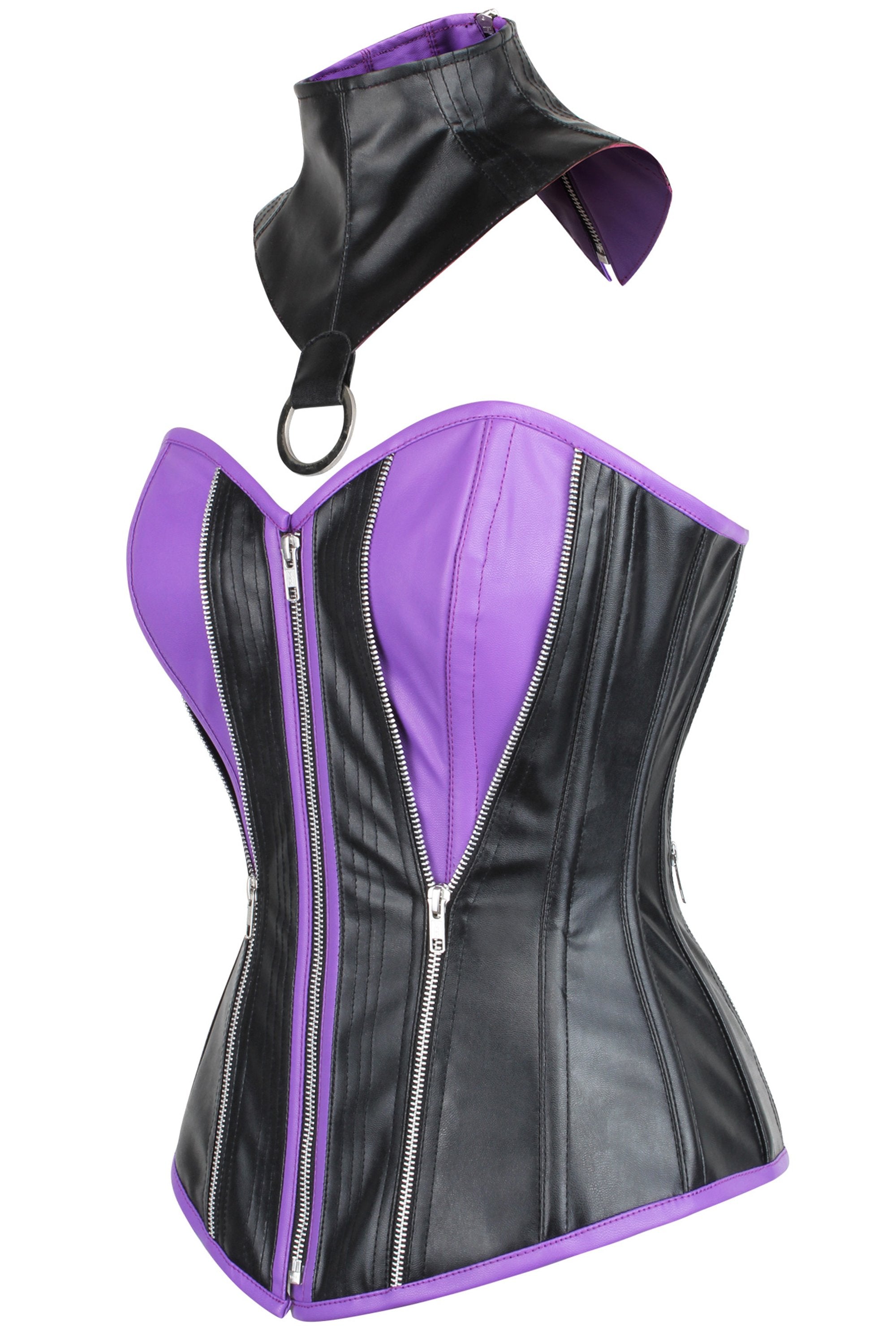 PVC Purple & Black Zipped Corset with Choker