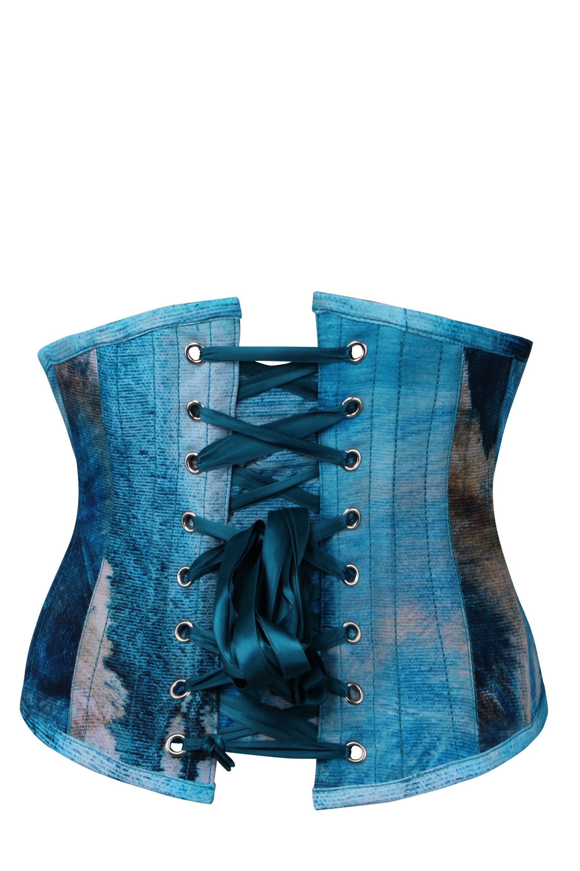 Abstract Brushed Opal Blue and Sand Waspie Corset