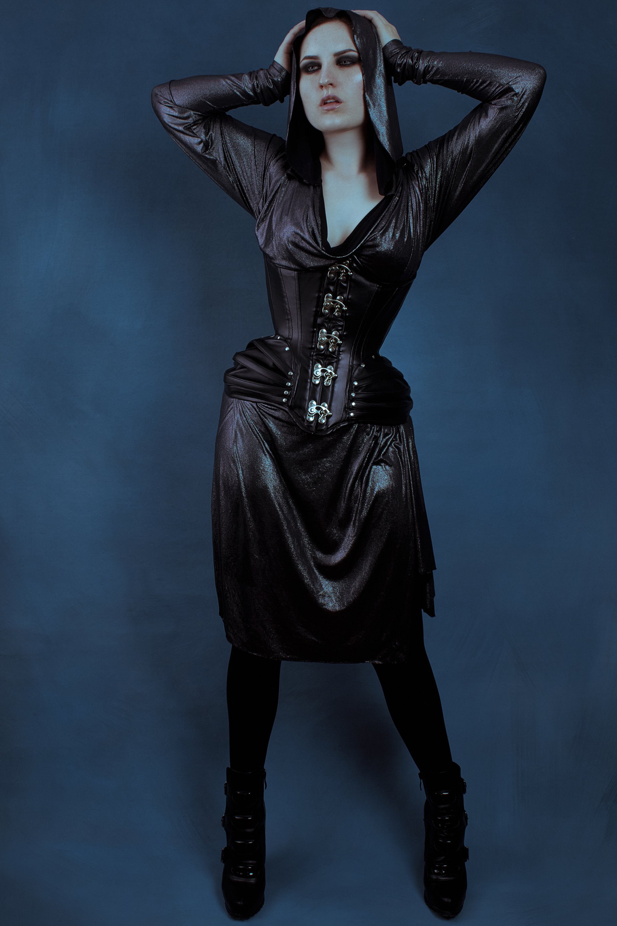 PU Black Underbust corset with Swing Hook Closure