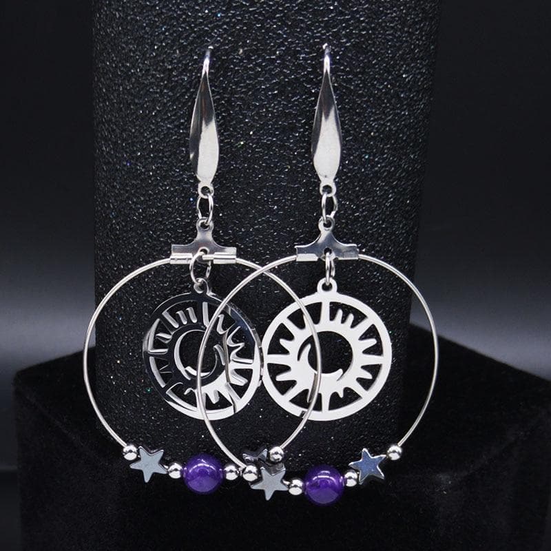 Wiccan Crescent Moon Sun 316 Stainless Steel Earrings