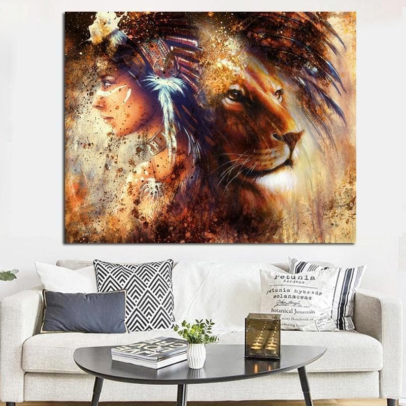 Native American Lady With Lion Canvas