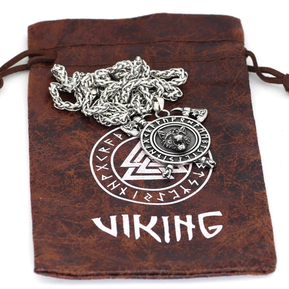 Vikings Wolf Axe and Rune Stainless Steel Necklace