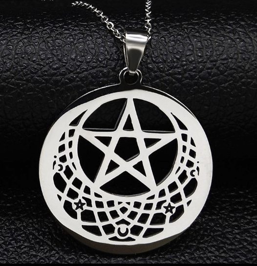 Wiccan Pentagram Moon Stainless Steel Necklace