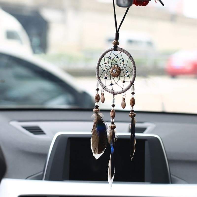 Native American Beaded Dreamcatcher and Natural Feathers Car Ornament