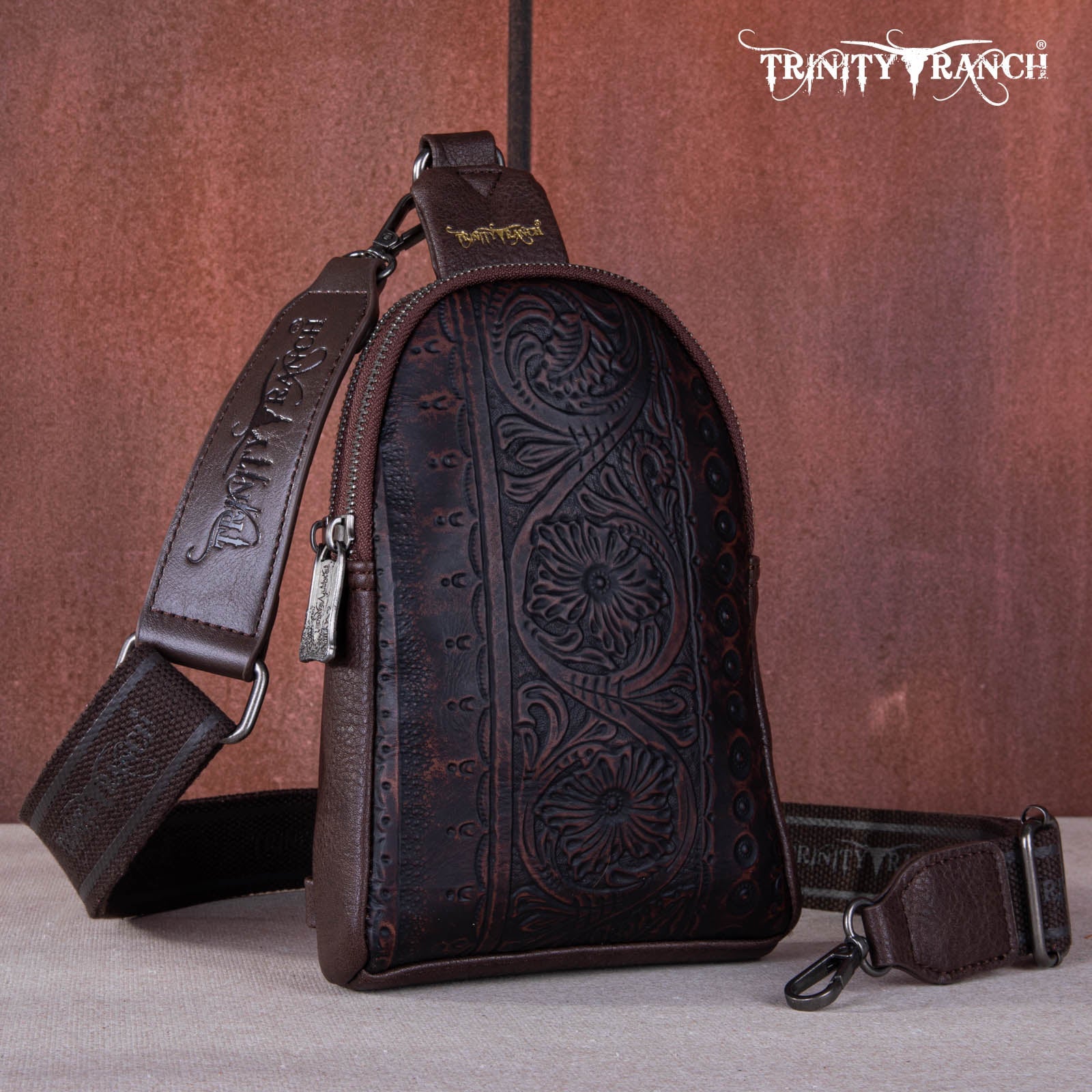 TR159-210A Trinity Ranch Floral Tooled  Collection Sling Bag