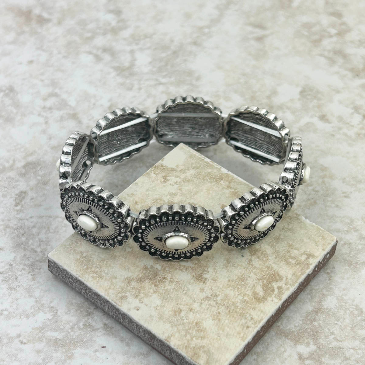 Silver Natural Stone Concho Stretch Oval Bracelet