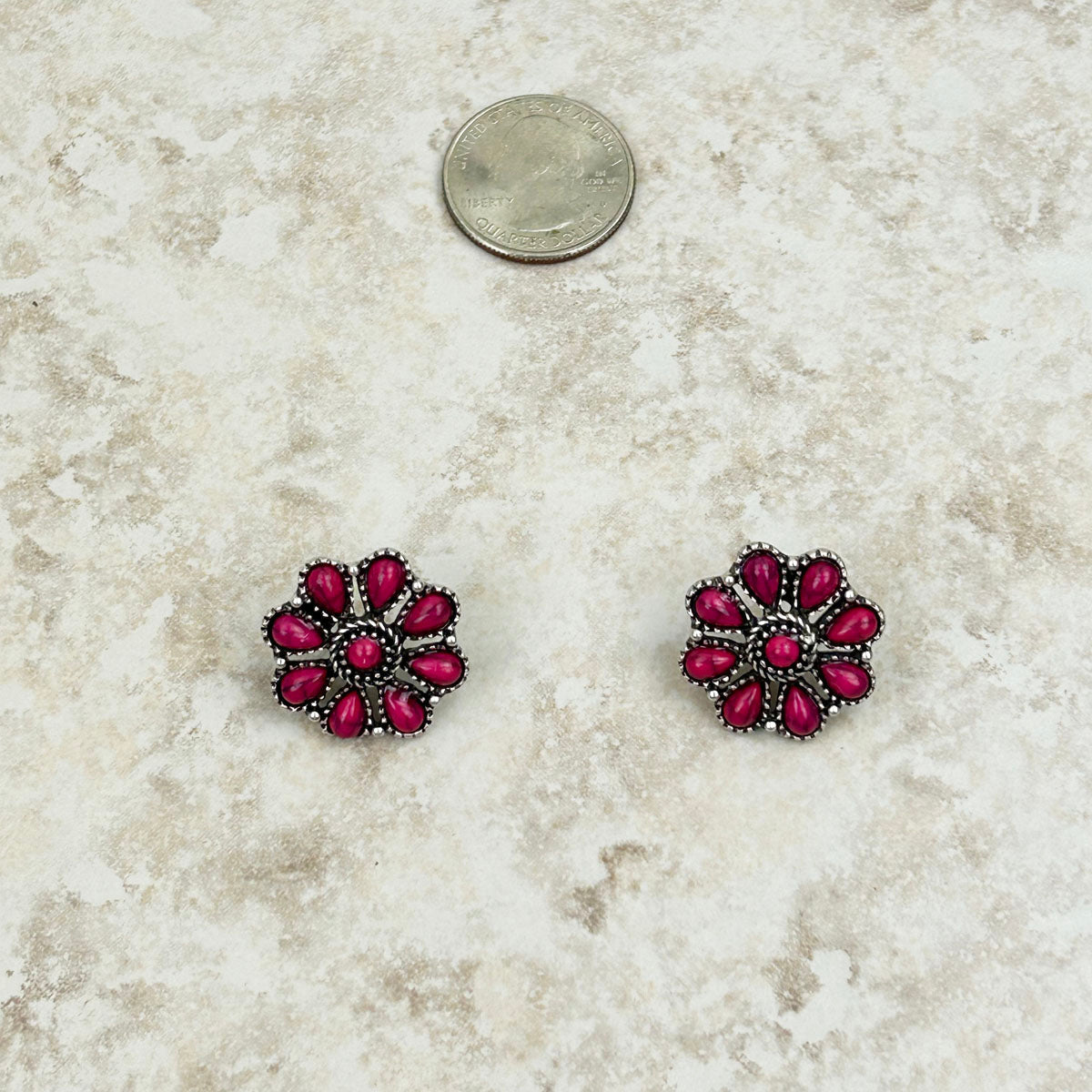 Small Silver Natural Stone Floral Concho Earrings
