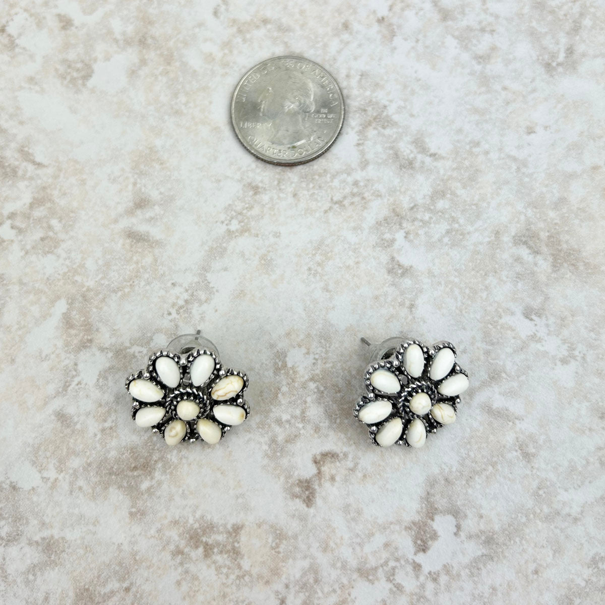 Small Silver Natural Stone Floral Concho Earrings