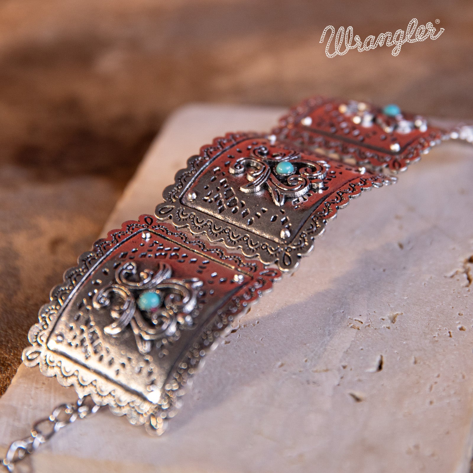 Wrangler  Silver Chain Concho Cuff Bracelet Turquoise Stone