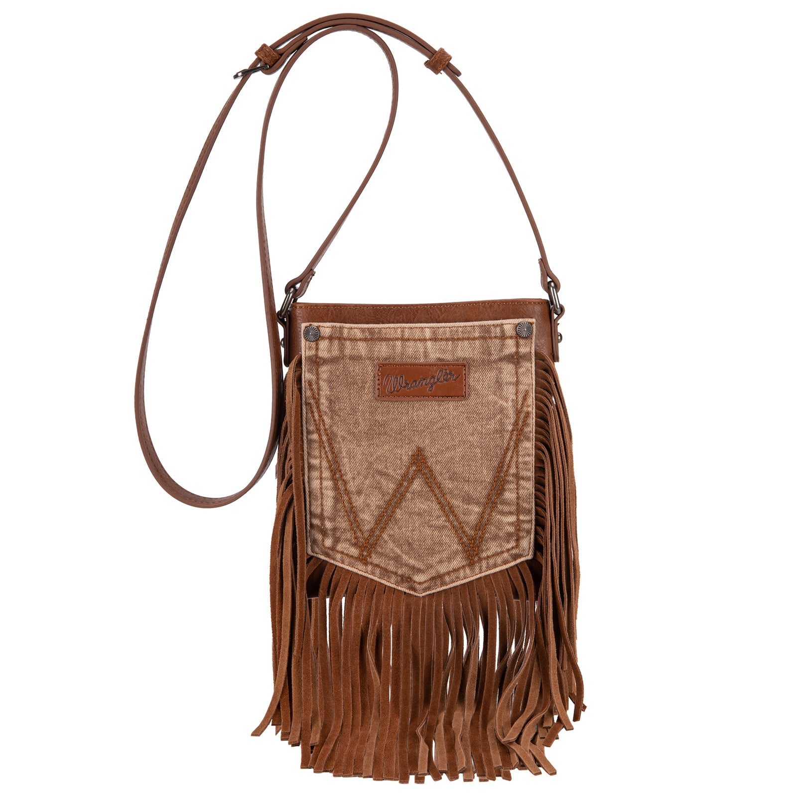 Wrangler Light Brown Leather Fringe Jean Denim Pocket Crossbody