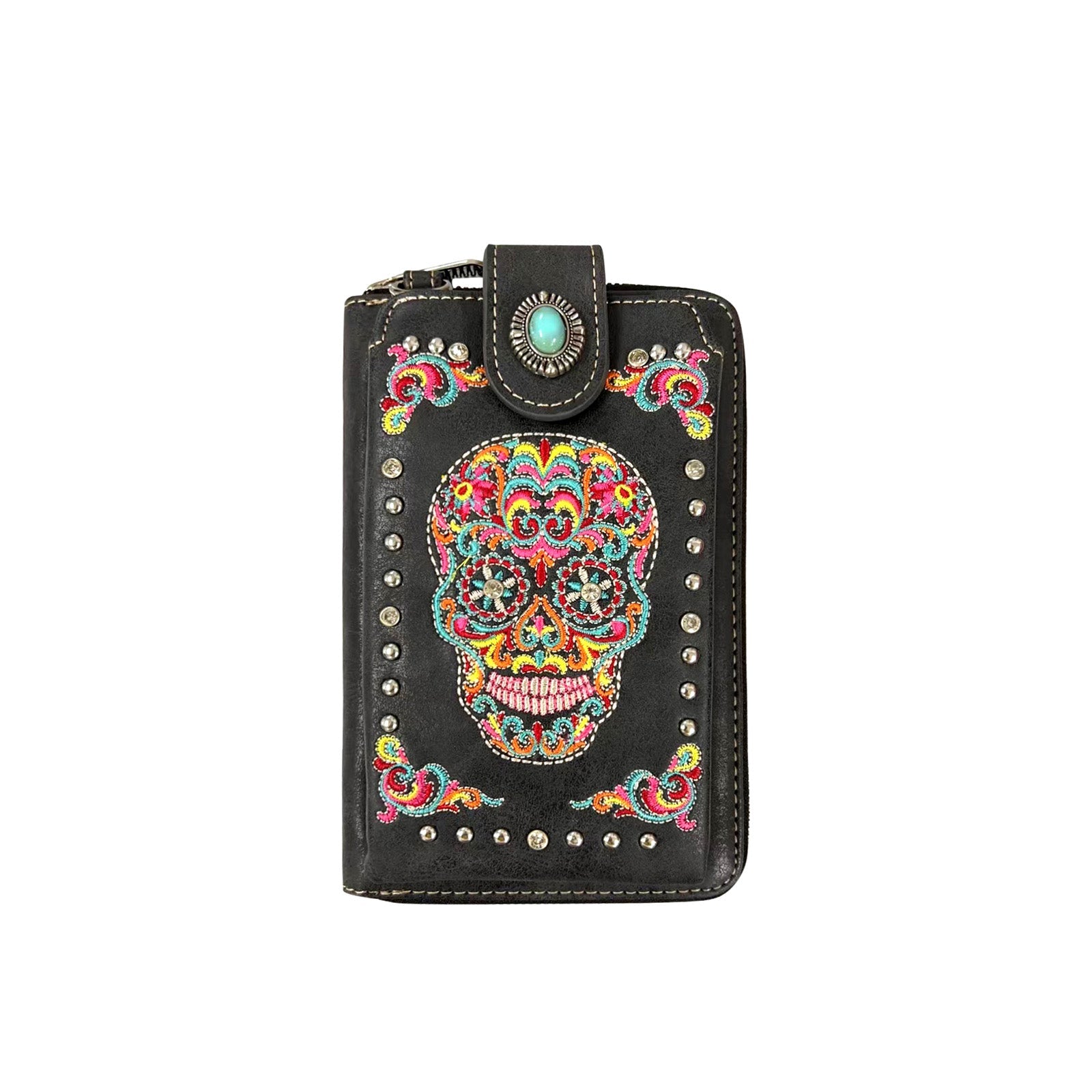 American Bling Embroidered Sugar Skull Crossbody Phone Wallet