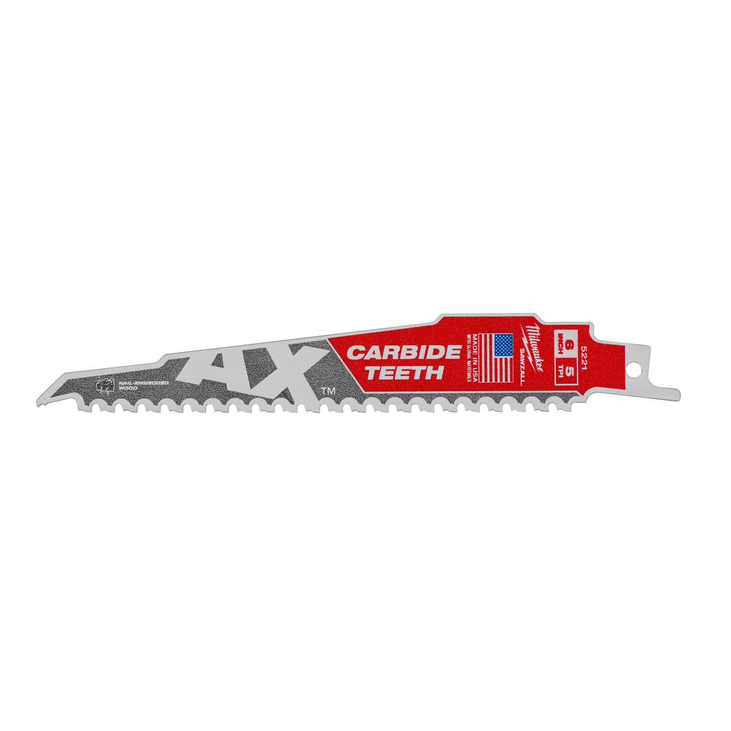 Milwaukee 48-00-5221 Sawzall The AX with Carbide Teeth Saw Blade, 5 Tpi, 6 In L, 1 Pack