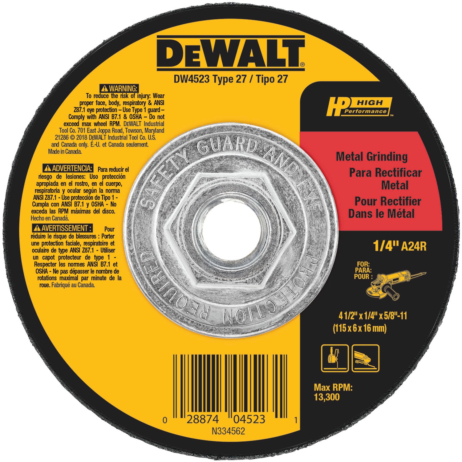 Dewalt DW4523 High Performance Metal Grinding Wheel 4-1/2