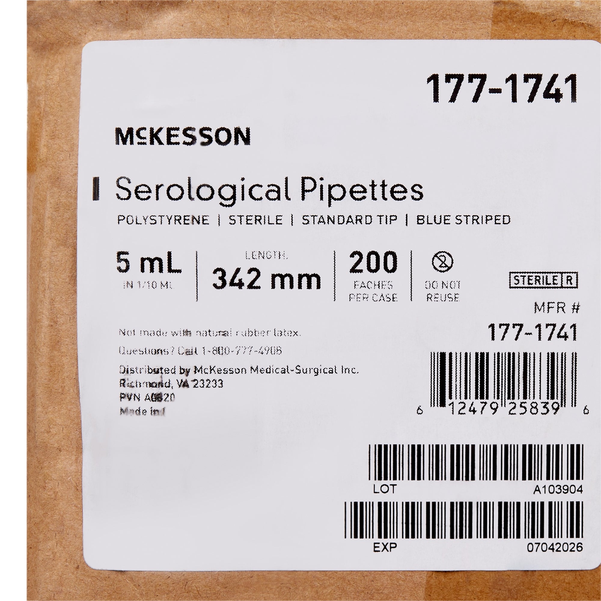 McKesson Serological Pipette 5 mL 0.1 mL Graduation Increments / 2.5 mL Negative Graduations Sterile -177-1741