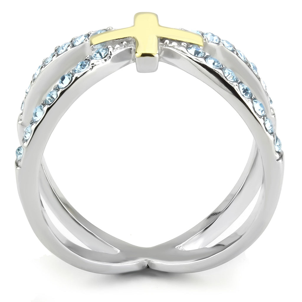 TK3636 - Stainless Steel Ring Two-Tone IP Gold (Ion Plating) Women Top Grade Crystal Sea Blue