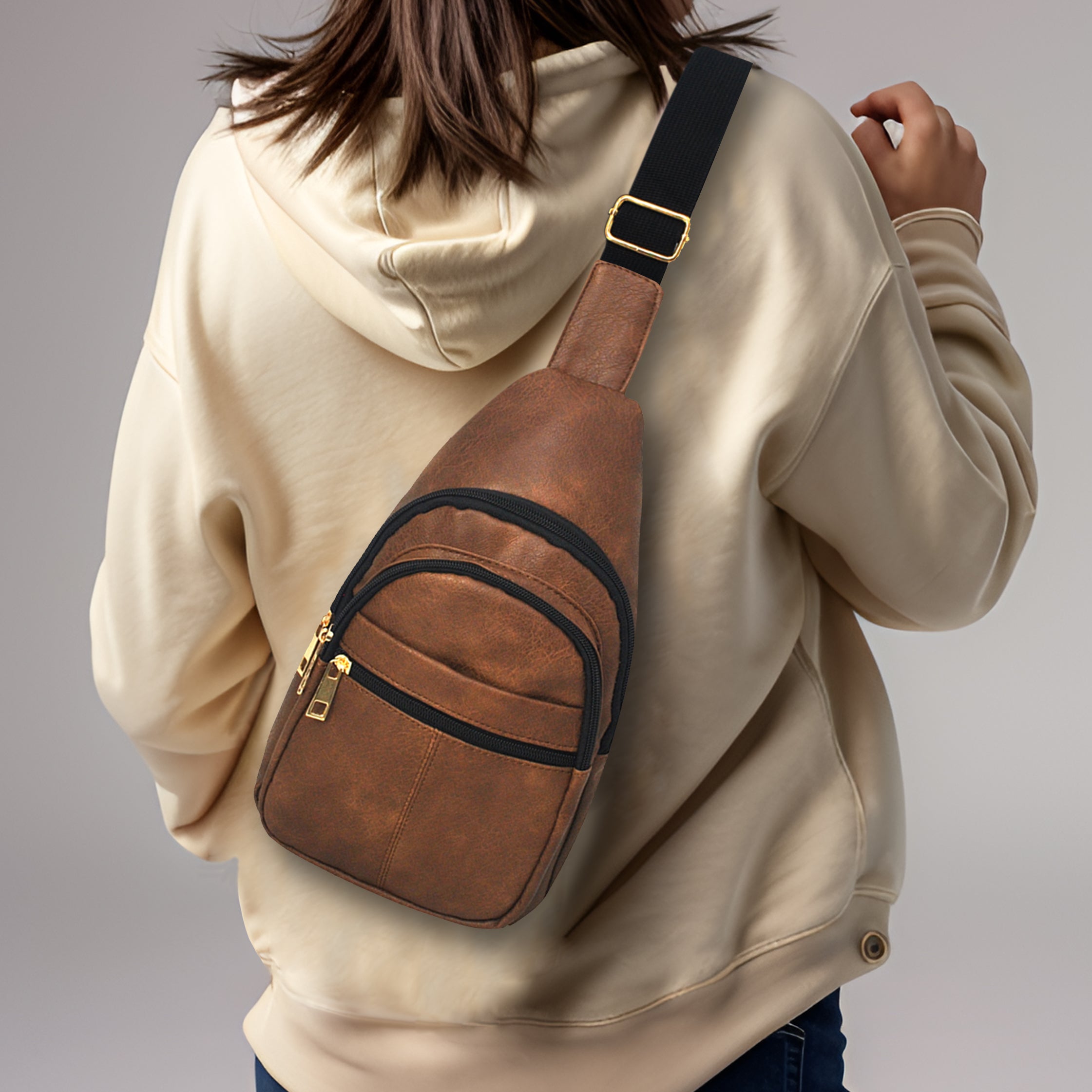 Brown Faux Leather Fashion Sling Bag