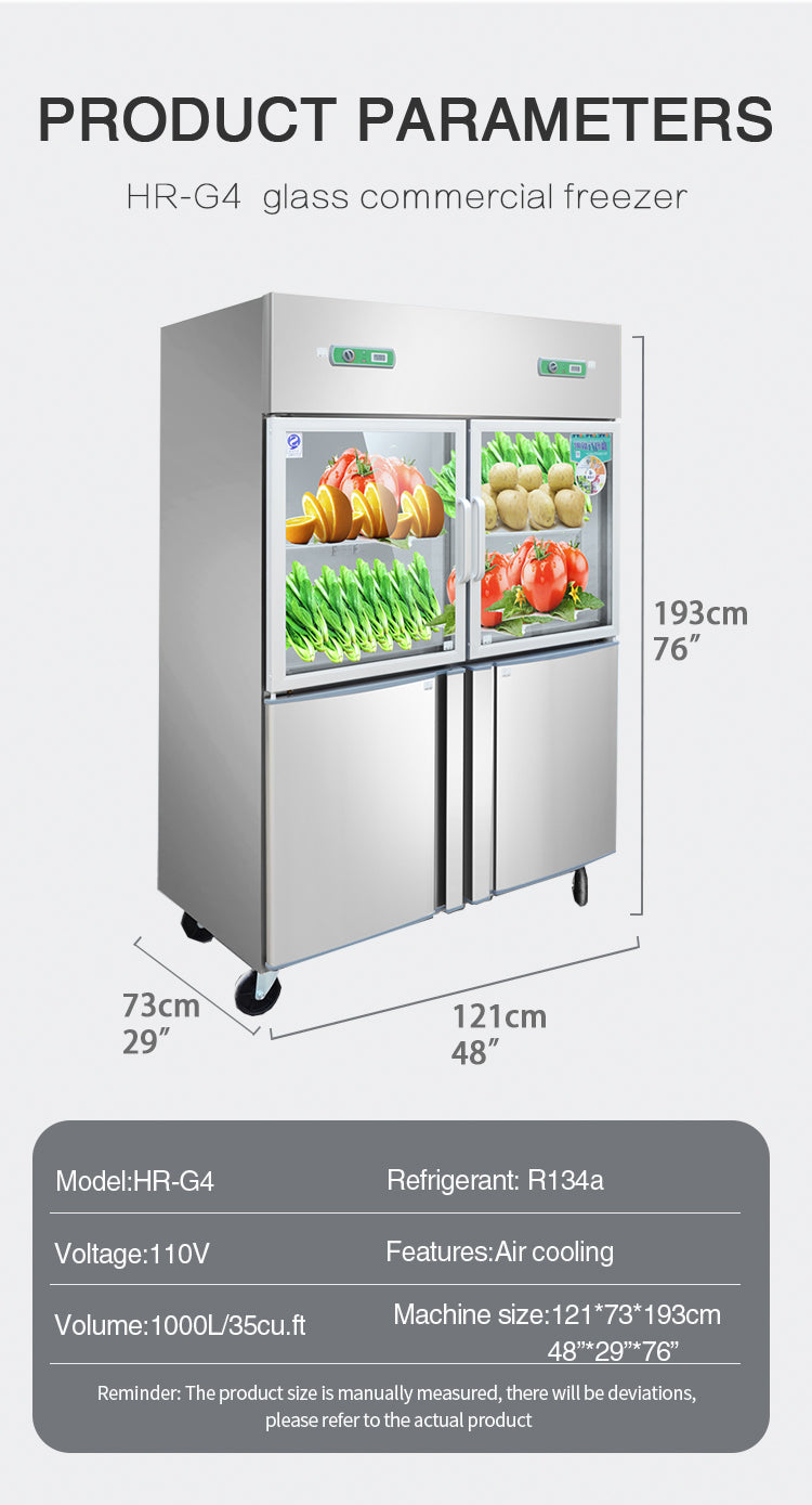Four-door glass freezer Reach-In stainless commercial freezer 35cu.ft/1000 Liter restaurant refrigerator