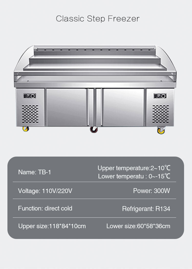 Three-level ladder type freezer stainless steel material with glass sliding door type upper refrigeration