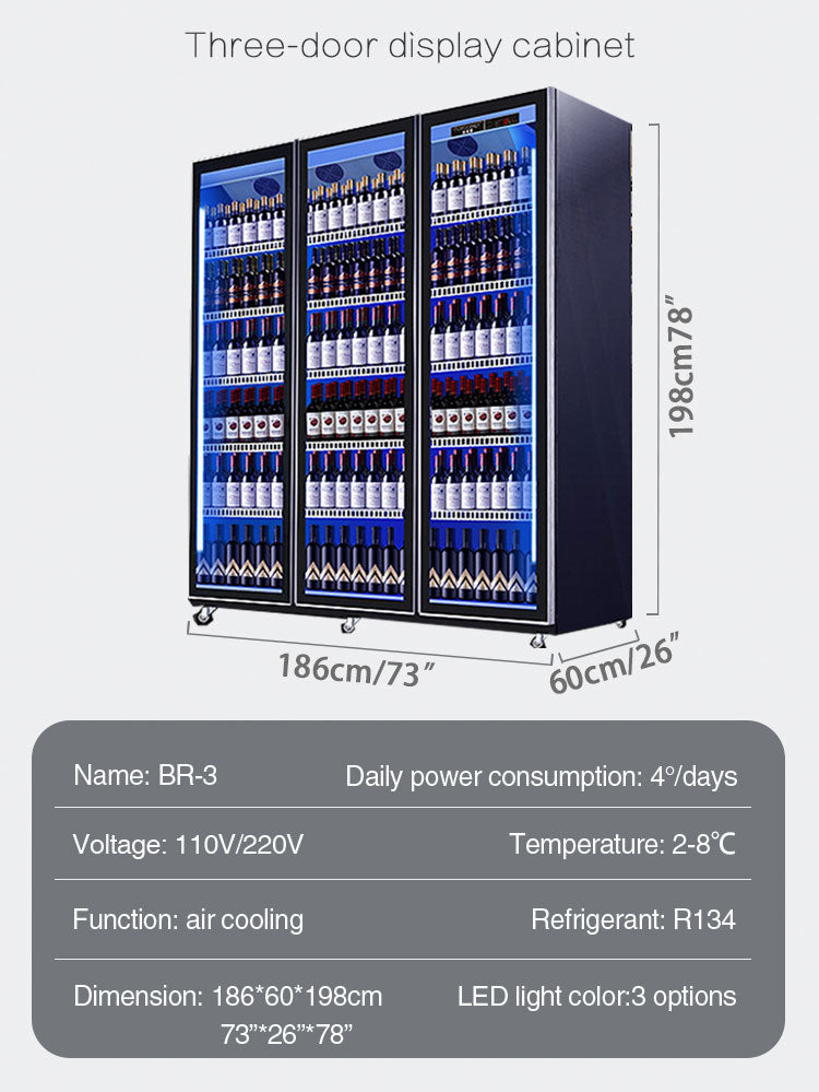 Beverage refrigerated display case with three lighting stainless steel materials and defogging glass freezer showcase