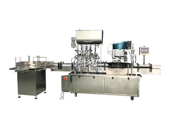 Automatic four nozzles liquid bottle filling capping labeling machine, small packing production line