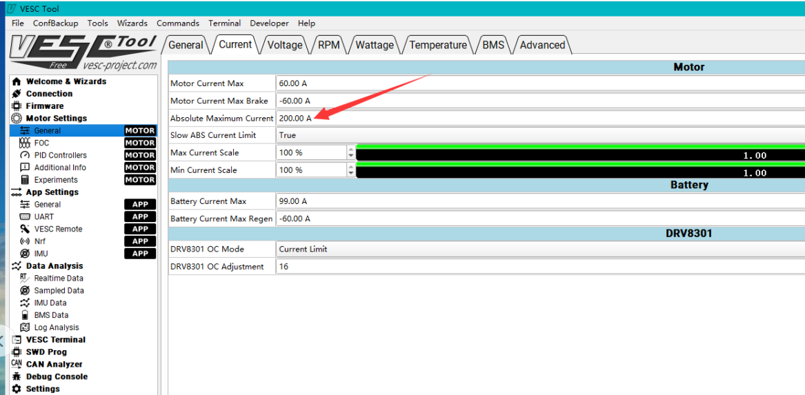 VESC_TOOL screenshot showing Absolute Maximum Current setting