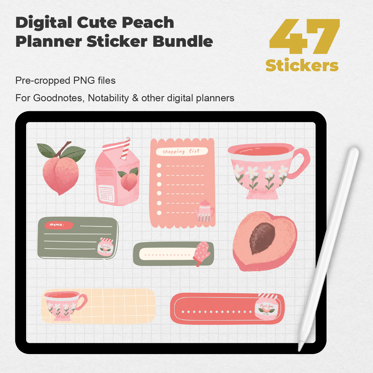 47 Digital Cute Peach Planner Sticker Bundle