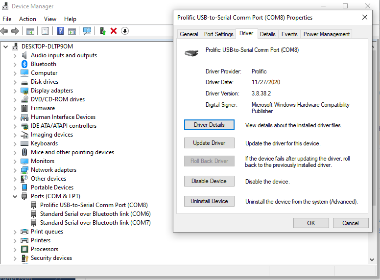 Screenshot of Windows Device Manager showing the COM port assigned to the GM-30 programming cable.