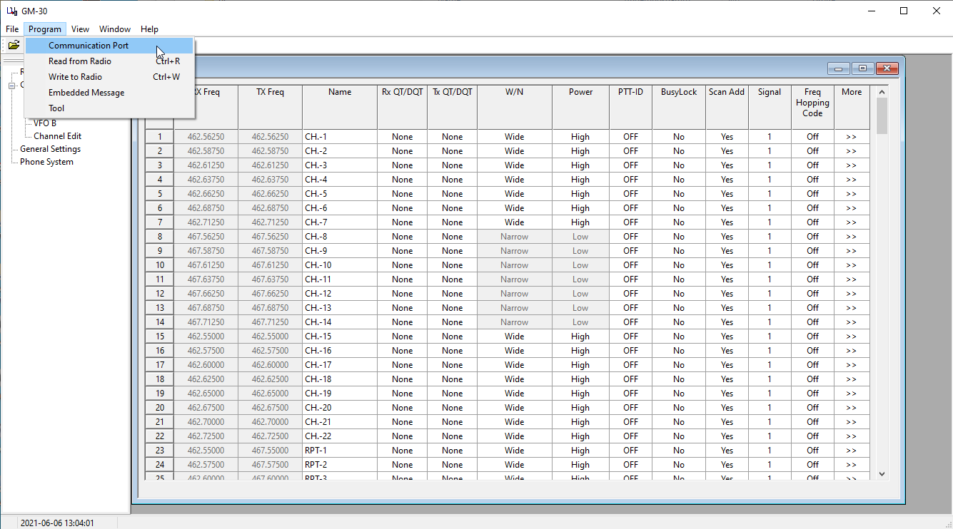 Screenshot highlighting the 'Communication Port' option under the 'Program' tab in the GM-30 CPS software.