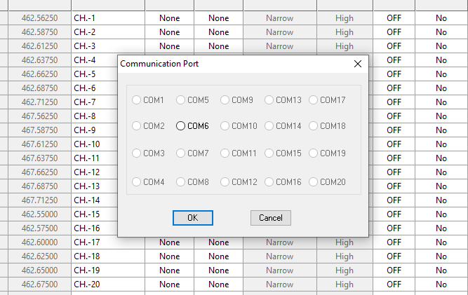 Screenshot showing the COM Port selection dialog in the GM-30 CPS software.