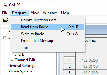 Screenshot highlighting the 'Read from radio' option under the 'Program' tab in the GM-30 CPS software.