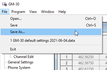 Screenshot highlighting the 'Save as' option under the 'File' menu in the GM-30 CPS software.