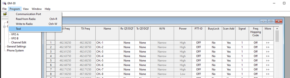 Screenshot highlighting the 'Tool' option under the 'Program' tab in the GM-30 CPS software.