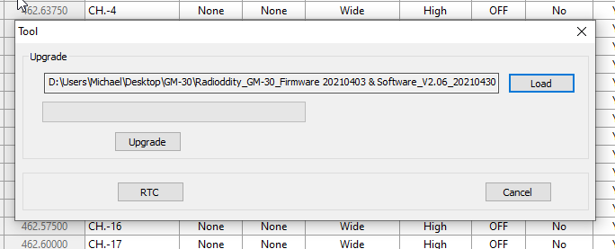 Screenshot showing the Firmware Upgrade Tool window in the GM-30 CPS software, with the 'Load' button highlighted.