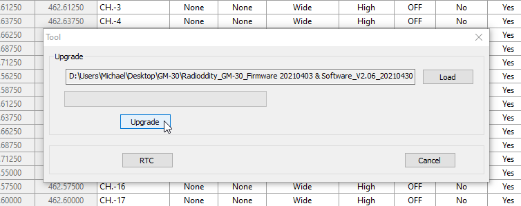 Screenshot showing the Firmware Upgrade Tool with the 'Upgrade' button highlighted, ready to start the firmware update process.