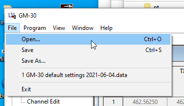 Screenshot highlighting the 'Open' option under the 'File' menu in the GM-30 CPS software to reload saved settings.