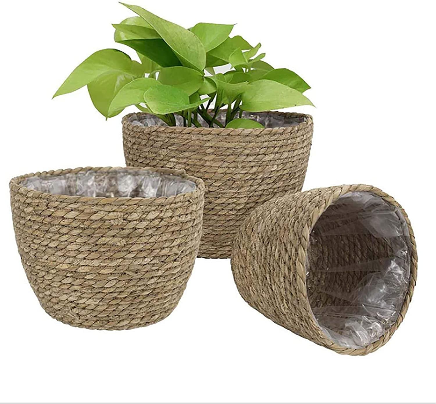 Seagrass Basket Planters, Flower Pots Cover Storage Basket Plant Containers Hand Woven Basket Planter with Plastic Liners Straw Flower Pot for Indoor Outdoor Plant Flower Pots