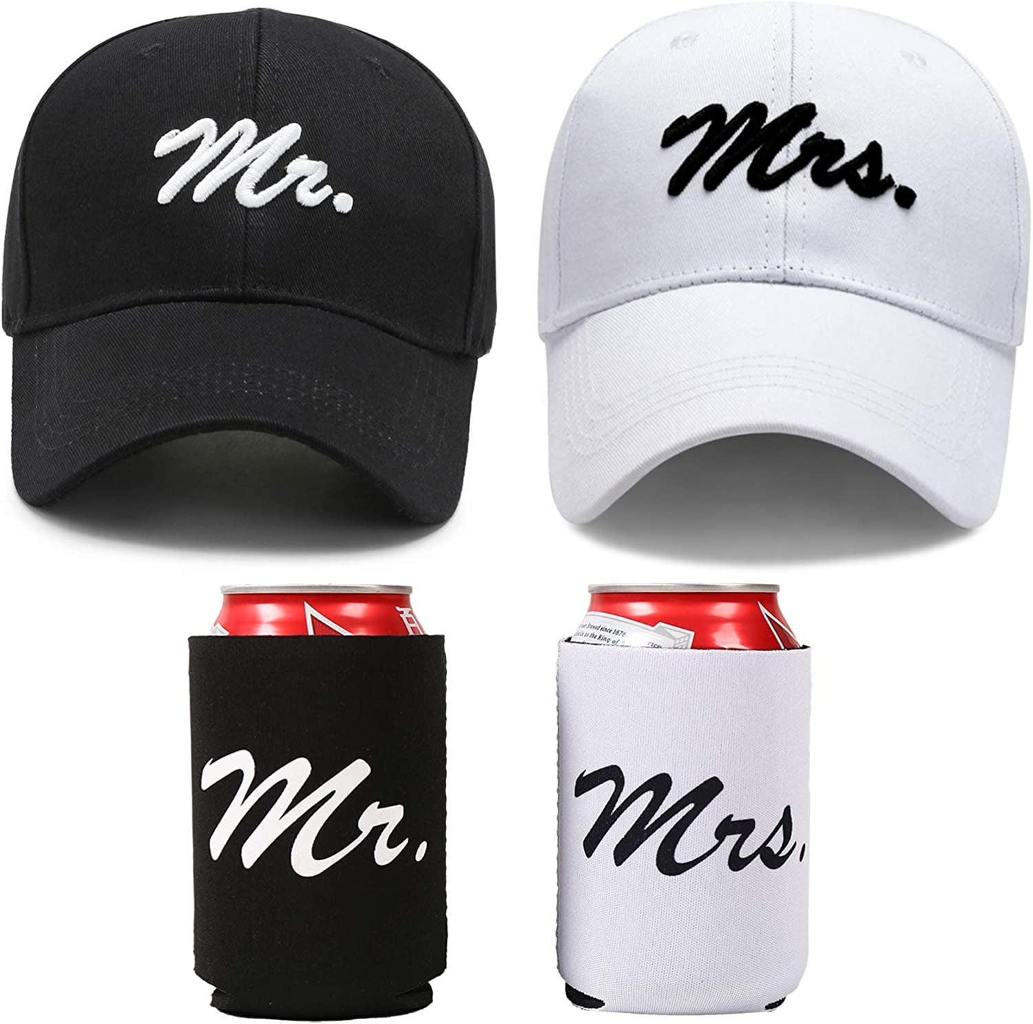 Mr and Mrs  Matching Wedding Baseball Caps and Can Coolers