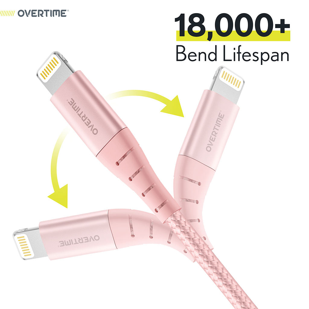 Overtime 10Ft Braided iPhone Charger Cord | Apple MFI Certified USB to Lightning Cable - Rose Gold (2-Pack)