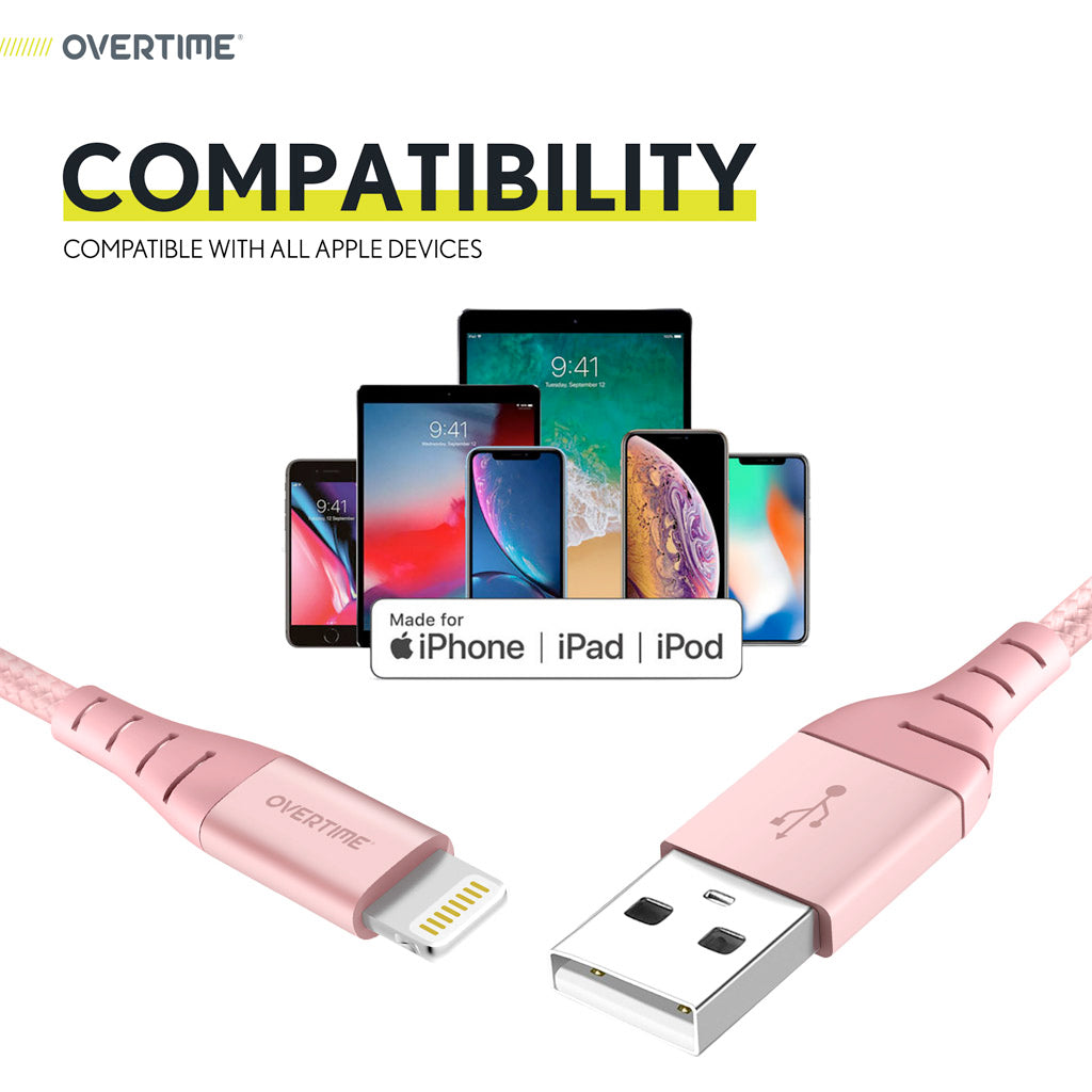 Overtime 10Ft Braided iPhone Charger Cord | Apple MFI Certified USB to Lightning Cable - Rose Gold (2-Pack)