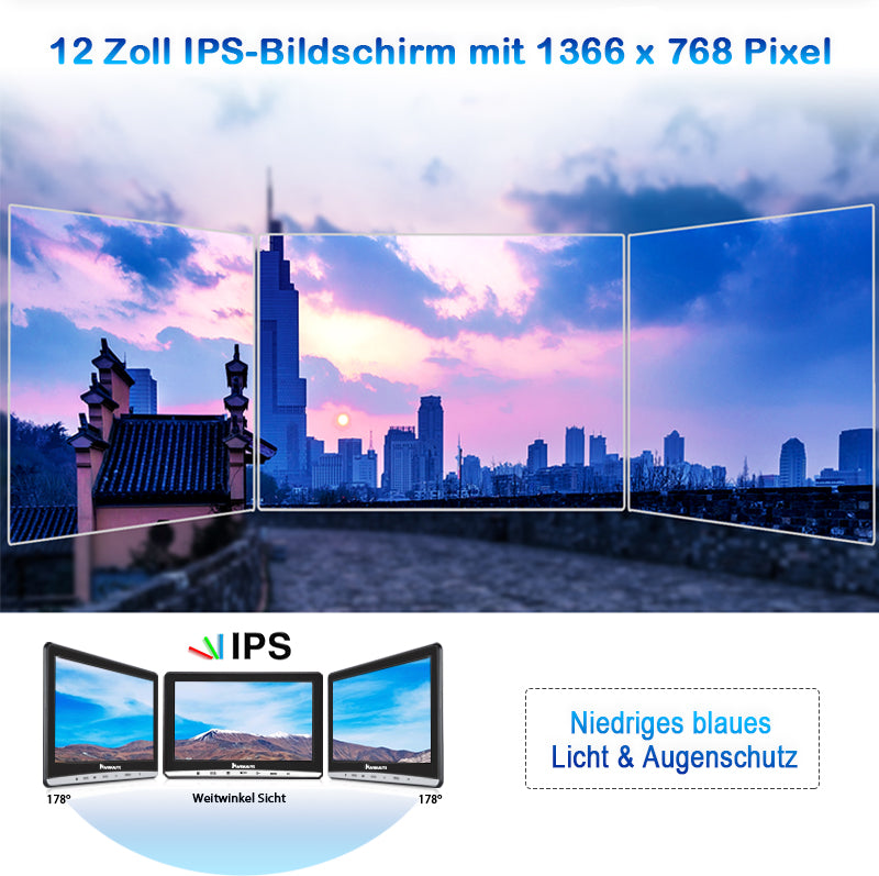 12 Zoll 1366×768 IPS-Bildschirm Auto Kopfstützen DVD Player für Kinder mit Universal Kopfhörer, Unterstützt AV Ein- und Ausgang, USB/SD, Last Memory