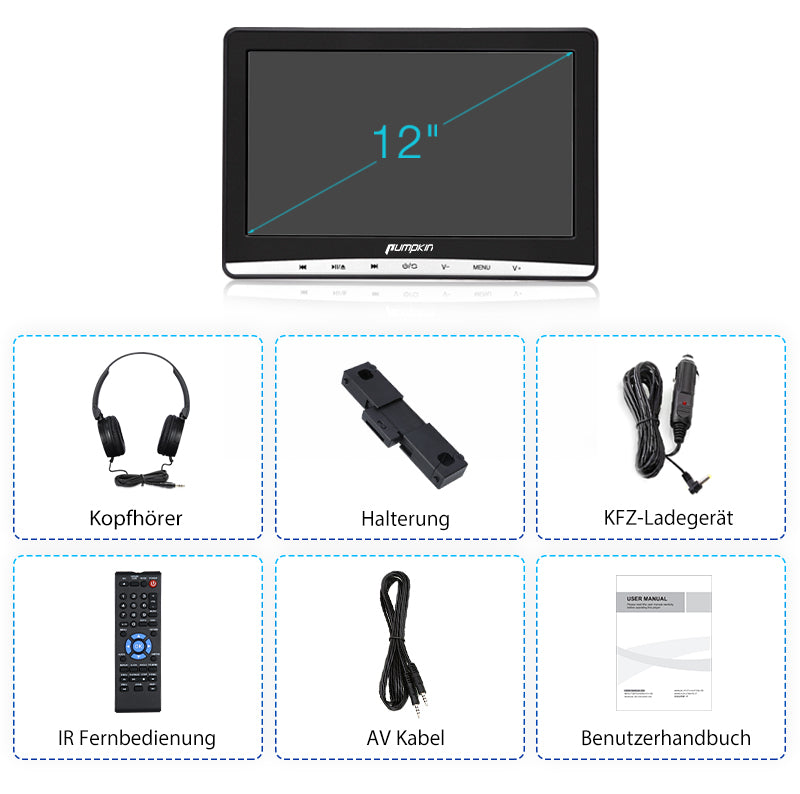 12 Zoll 1366×768 IPS-Bildschirm Auto Kopfstützen DVD Player für Kinder mit Universal Kopfhörer, Unterstützt AV Ein- und Ausgang, USB/SD, Last Memory