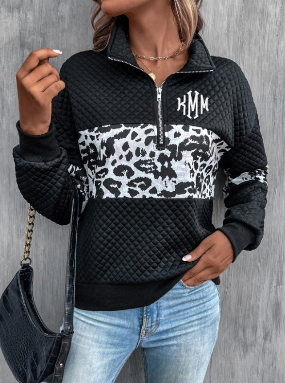 Monogrammed Leopard Print Half Zip Quilted Sweatshirt