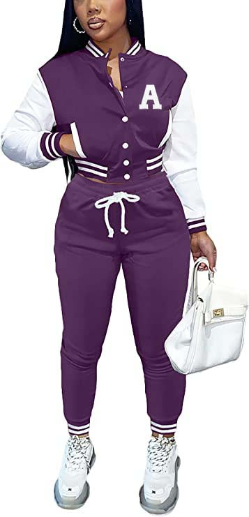 Embroidered Cropped Letterman Jacket and Joggers Sweatsuit Set