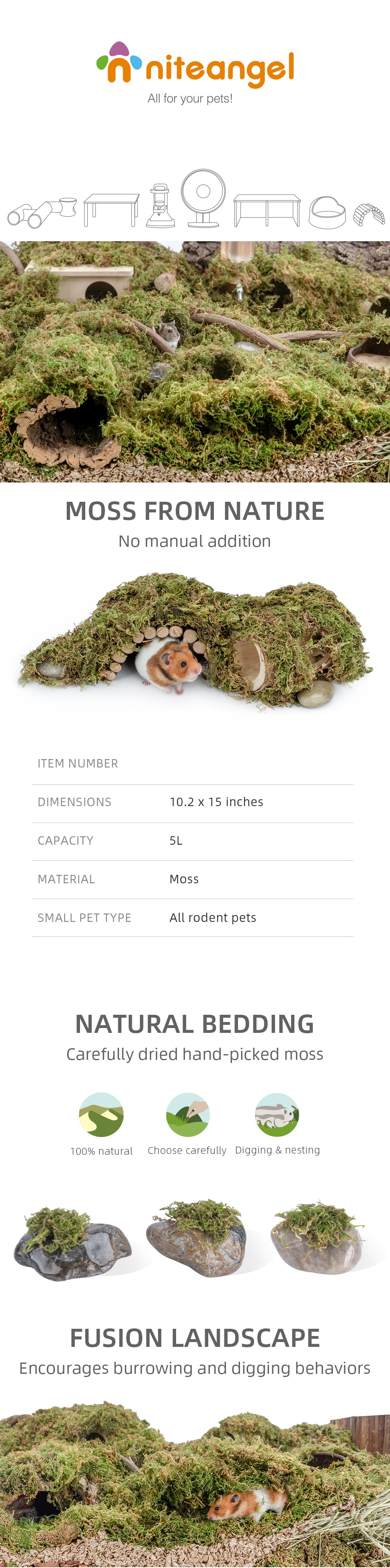 Riare 25qt Natural Hamster Moss Bedding Nesting-Soft Forest Moss Hamster Habitat Reptile Moss for Dwarf Syrian Hamsters, Mices, Gerbils, Reptiles