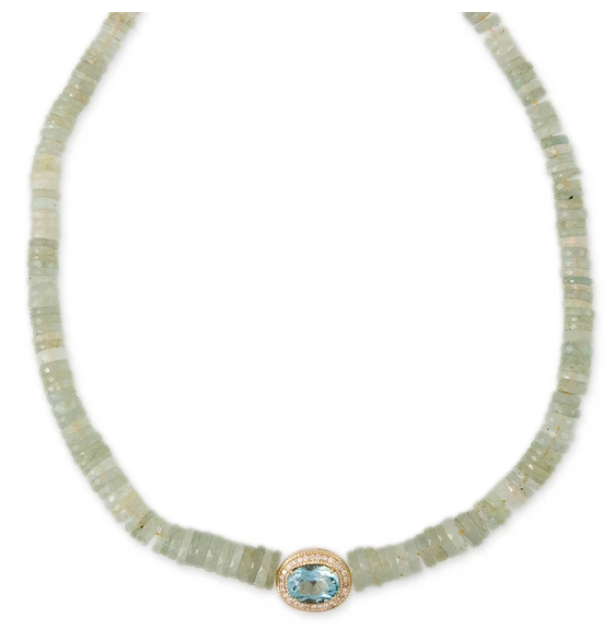 PAVE AQUAMARINE OVAL CENTER HEISHI AQUAMARINE BEADED NECKLACE